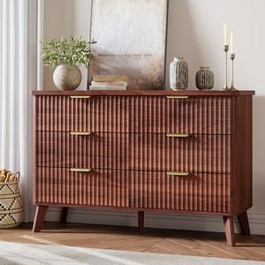 GarveeHome Fluted Dresser for Bedroom with 6 Deep Drawers, 47.2 in Wide Modern Chest of Drawers, Wooden Dresser TV Stand, Curved Profile Design, for Living Room, Kids Room, Hallway, Walnut