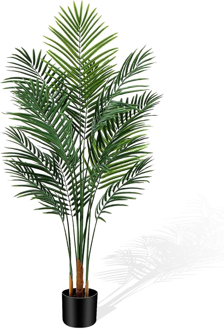 CyanGrove 5ft Tall Golden Cane Artificial Tree Palm Outdoor, Large Artificial Plants Outdoor Faux Palm Tree with 3 Textured Trunks, Fake Tree for Indoor Outdoor Office Living Room Outside Patio