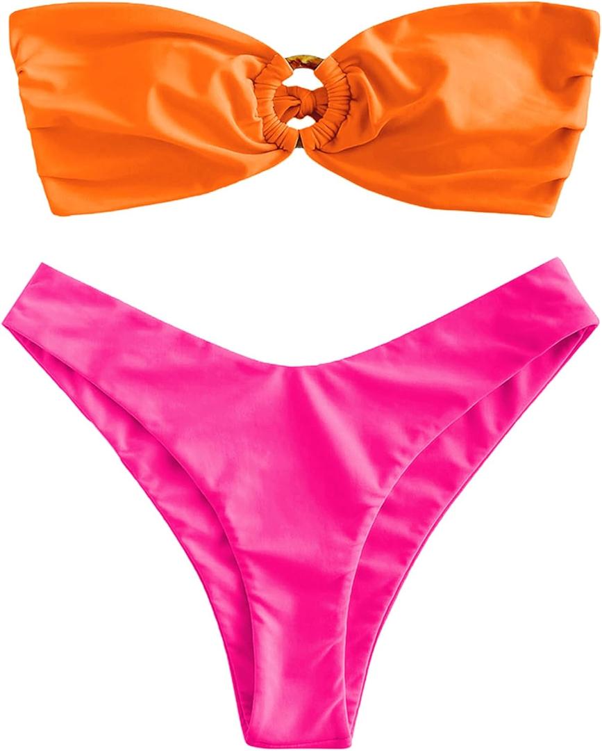 ZAFUL Women's Bandeau Bikini O Ring Strapless Tie Back High Cut Two Piece Swimsuit Bathing Suits (Large)