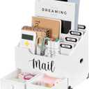 RELBRO Mail Organizer Countertop, White Wood Desk Organizer with 2 Drawers 4 Compartments Office File Organizer Mail Letter Bill Paper Document Sorter for Home Study Desk Accessories