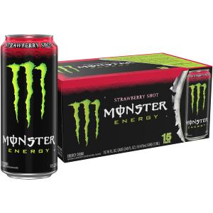 Monster Energy Strawberry Shot, Green, Original, Energy Drink, 16 Ounce (Pack of 15) (EXP 12/31/26)