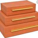 Faux Shagreen Leather Jewelry Storage Boxes Set of 1 with Gold Handles, Velvet Lined Stackable Organizer for Women, Vanity, Dresser, Gift, Burnt Orange