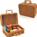 Wicker Picnic Basket, Small Vintage Rattan Suitcase Basket with Handle, Rustic Storage Hamper Prop Case with Leather Strap Lock, Plastic Storage Box Makeup Organizer for Sundries Camping Travel