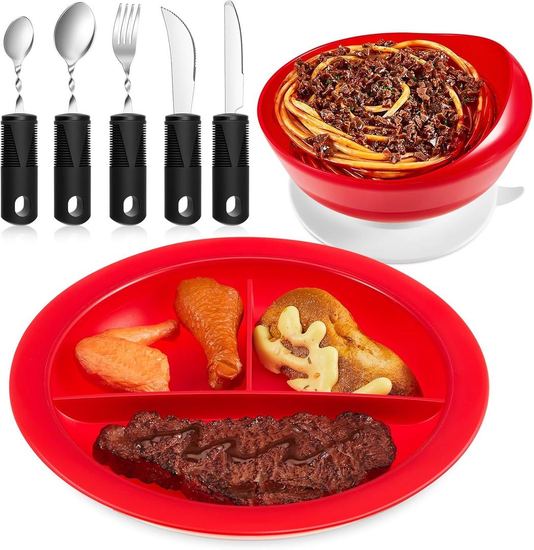 Maxcheck 7 Pcs Spill Proof Scoop Bowl and Partitioned Plate Set with Suction Base and Adaptive Utensils Set Non Slip Weighted Angled Silverware Adaptive Self Feeding Dinnerware for Elderly Disabled