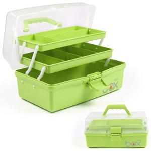 12in 3-Layer Plastic Craft Organizers and Storage, Portable Folding Tackle Box with Handle & Adjustable Dividers, Multipurpose Case for Sewing, Art Supplies, Medicine, Tools (Green)