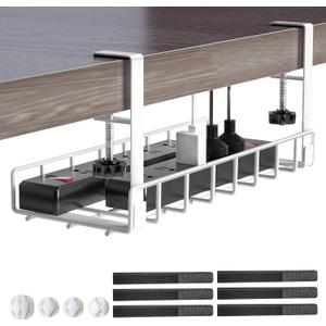 Under Desk Cable Management Tray, Xpatee Upgraded Wire Management No Drill No Screws, Cable Tray with Clamp for Wire Organizers, Computer Cord Rack for Office, Home - No Damage to Desk White