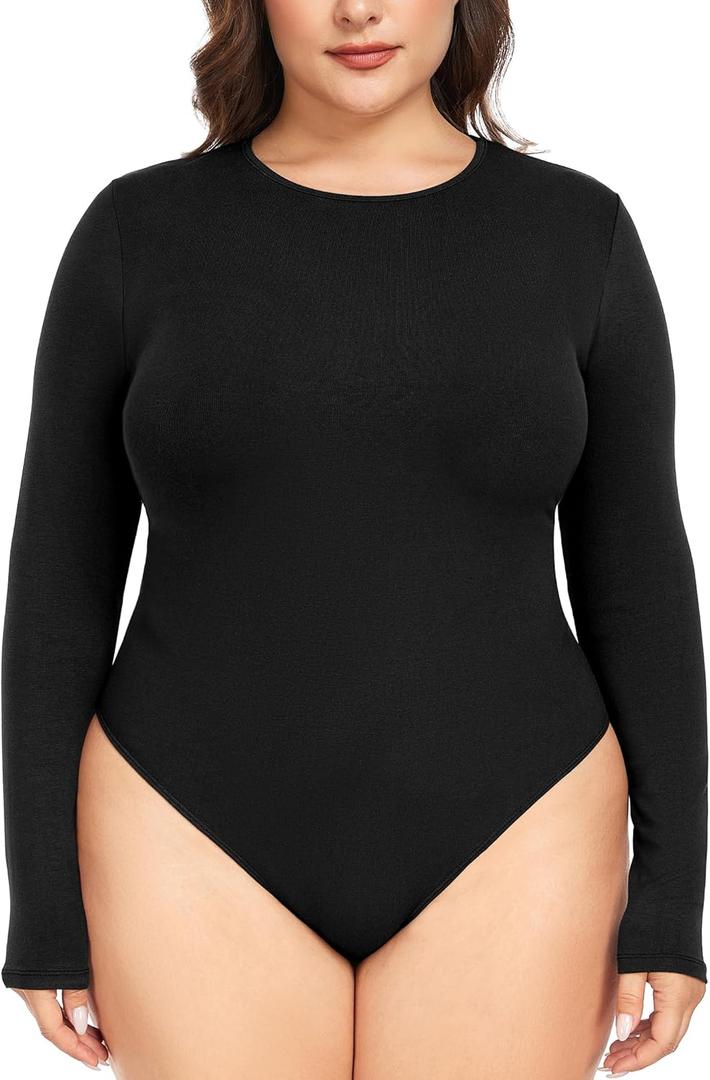 FOREYOND Plus Size Bodysuits for Women Long Sleeve Crew Neck Body Suit Tops Casual Slim Fit Basic Leotards Shirts (XX-Large, Black)
