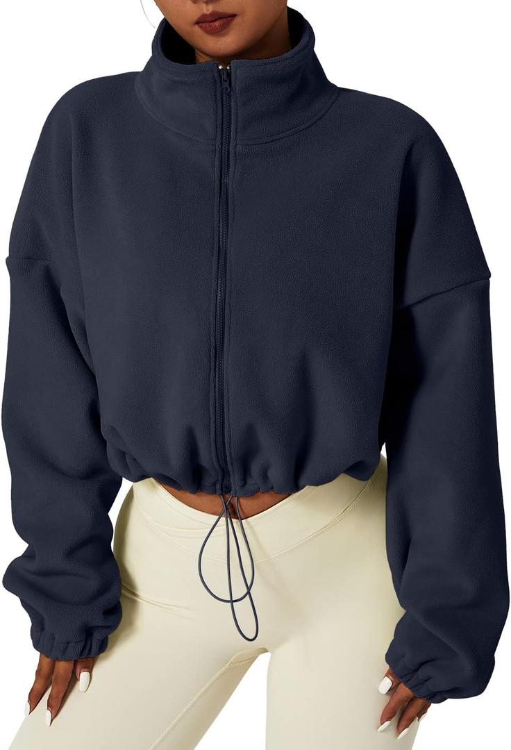 QINSEN Women's Full Zip Fleece Short Jacket Warm Winter Long Sleeve Stand Collar Sherpa Crop Coat (Navy)