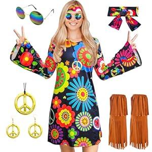ATAMET 60s 70s Outfits for Women Hippie Costume Disco Dress,Halloween Party Dress Set XL