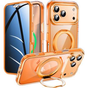 Privacy Case for iPhone 17 Pro Max with 360Stand [Built-in Anti Peeping Screen Protector] [Magnetic Ring ] Full Body Protective Phone 17ProMax Cover 6.9", Orange