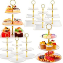 Teenyyou 8 Pack 3 Tier Cupcake Stand Bulk Tiered Dessert Stand Thick Plastic Square and Round Serving Tray Dessert Table Display Set Tea Cake Holder for Wedding Birthday Tea Party(Gold Edge) 