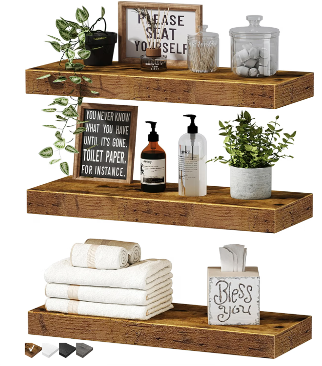 QEEIG Floating Shelves for Wall Small Shelf (Brown, Set of 3, 15.7" x 6.7")
16 inch Bathroom Shelf for Farmhouse Decor Books, Bedroom Kitchen Living Room, Renter Friendly (015-BN3)
