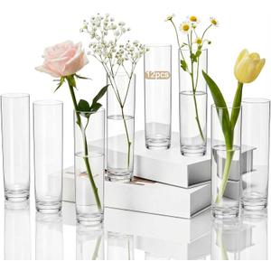 Didaey 12 Pcs Acrylic Cylinder Bud Vases for Centerpieces, Acrylic Plastic Tall Flower Vase Clear Small Vases Bulk for Single Rose Table Centerpiece Wedding Home Indoor Desk Office Party Decorations