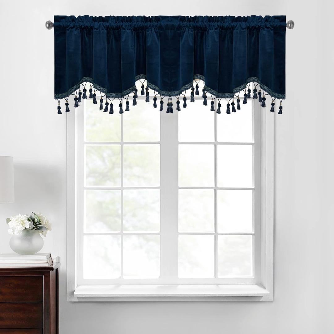 StangH Navy Blue Velvet Valance Curtains - Luxury Blackout Scalloped Valances for Kitchen/Office, Rod Pocket Privacy Home Decoration for Living Room, W52 x L18, 2 Panels