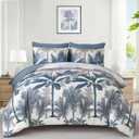 WONGS BEDDING Comforter Set Queen Size, 7 Pieces Dark Blue Botanical Bed in a Bag, Soft Microfiber Tropical Palm Tree Bedding Set with Comforter, Flat Sheet, Fitted Sheet, Pillow Shams, Pillowcases