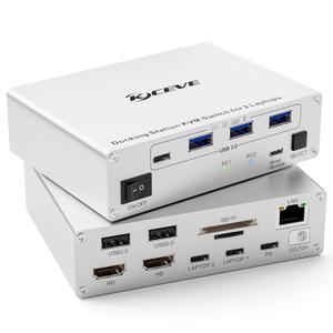 KCEVE 15-in-1 KVM Switch USB C Docking Station, USB 3.0 KVM Switch 1 Monitors 1 Laptops HDMI 4K60Hz, 80W PD, 5Gbps, MST, Gigabit Ethernet, SD/TF Card, Power Adapter, Wired Remote