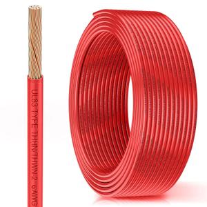 THHN Wire 6 Gauge 25FT, UL83 THHN/THWN-2 6 AWG Cable Stranded Copper with Nylon Jacket and PVC Insulation Building Wires for Residential, CNC, Panel Wiring, Circuit, Control(600V, Red)