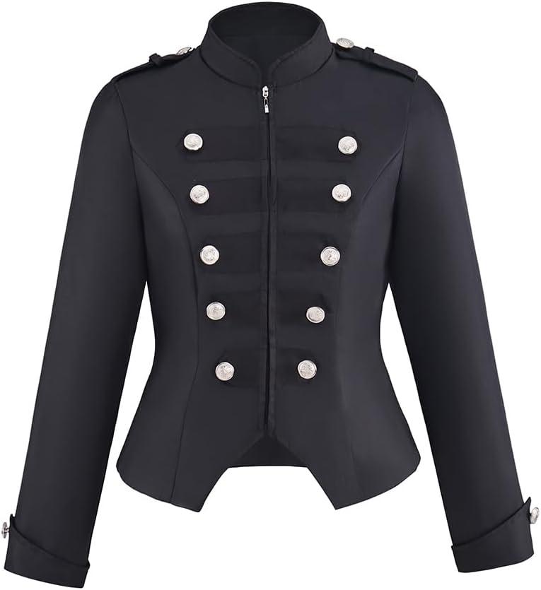 Women's Double Breasted Steampunk Ringmaster Jacket Military Blazer Casual Zip Up Vintage Jacket (Black, S)