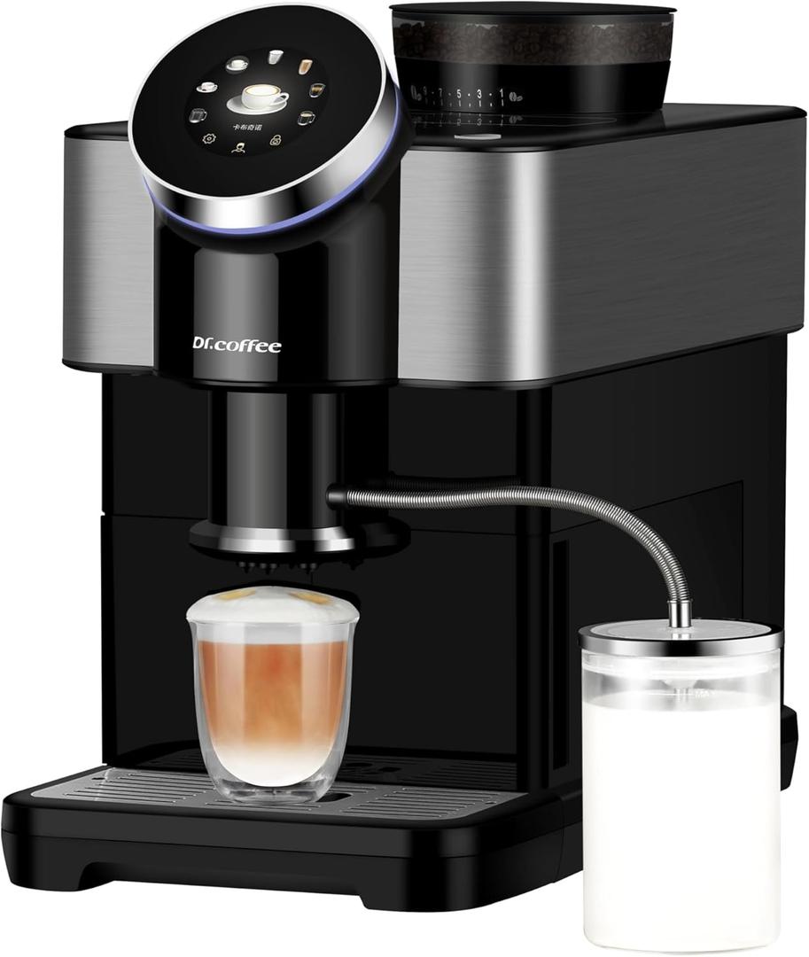 Dr.coffee H2 Fully Automatic Coffee Machine, Espresso Coffee Maker With Milk Frother, Detachable Water Tank and Bean Hopper, Round Touch Screen for Home, Onyx Black