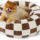 LE SURE Donut Small Dog Bed - Round Cat Beds Indoor Anti-Anxiety Calming Present for Pets, Washable Cute Modern Beds with Jacquard Shaggy Plush & Anti Slip Bottom，23 Inch, Brown Checks, 23.0"L x 23.0"W x 7.0"Th