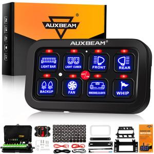 Auxbeam 8 Gang Switch Panel BA80, Universal Circuit Control Relay System Box with Automatic Dimmable On-Off LED Switch Pod Touch Switch Box for Car Pickup Truck Boat UTV ATV, (8 Gang (1-Sided Outlet), Blue (No APP))