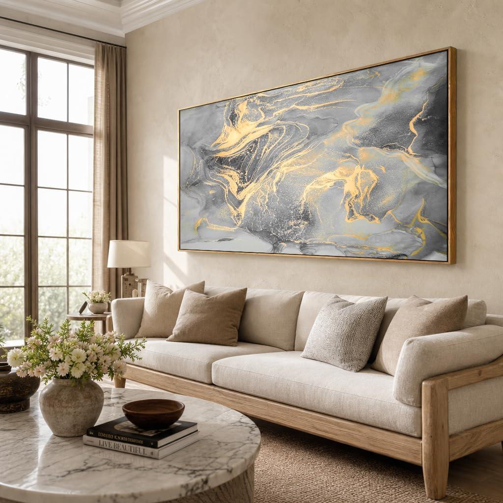 Wall Art Abstract Canvas Painting Gray Wall Decor Fluid Ink Modern Artwork for Living Room Bedroom Dining Room Home Office Decor 20"x40" with Framed