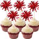 Gyufise 30Pcs Foil Firework Cupcake Toppers Sparkle Tinsel Cake Toppers Tinsel Drink Cake Decoration Cocktail Picks for Birthday Wedding Graduation Party Supplies Red