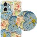 Jusy Compatible with iPhone 11, Colorful Retro Oil Painting Printed Flower Laser Glossy Pattern Cute Curly Wave Phone Case Soft TPU Cover for Girly Women - Blue