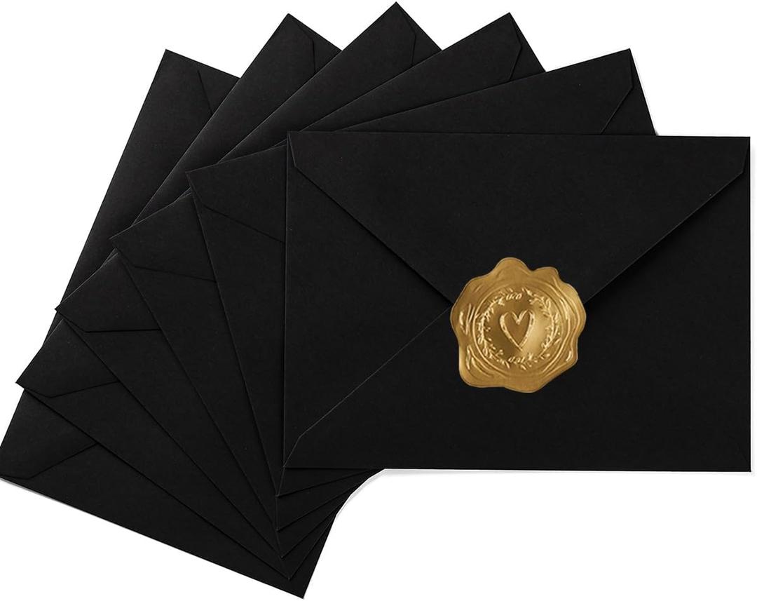 50 Pack A7 Colorful 5x7 Envelopes V Flap Invitation Envelopes for 5x7 Cards, Birthday, Weddings, Graduations, Greeting Cards, Baby Shower 5.24 x 7.24 Inches (Black)