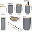 Otostar Grey Bathroom Accessories Set Bamboo Bathroom Set with Qtip Holder Soap Dispenser Toothbrush Holder Tumbler Soap Dish Toilet Brush Holder Trash Can Plastic Bath Set Housewarming Gift (Grey)