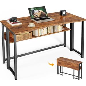 Huuger Folding Desk with Storage Shelf, 39.3 Inch Foldable Computer Table for Small Spaces, Space Saving Sofa Table for Couch, Writing Work Office Computer Desk, Easy to Fold, Rustic Brown, 18.5"D x 39.4"W