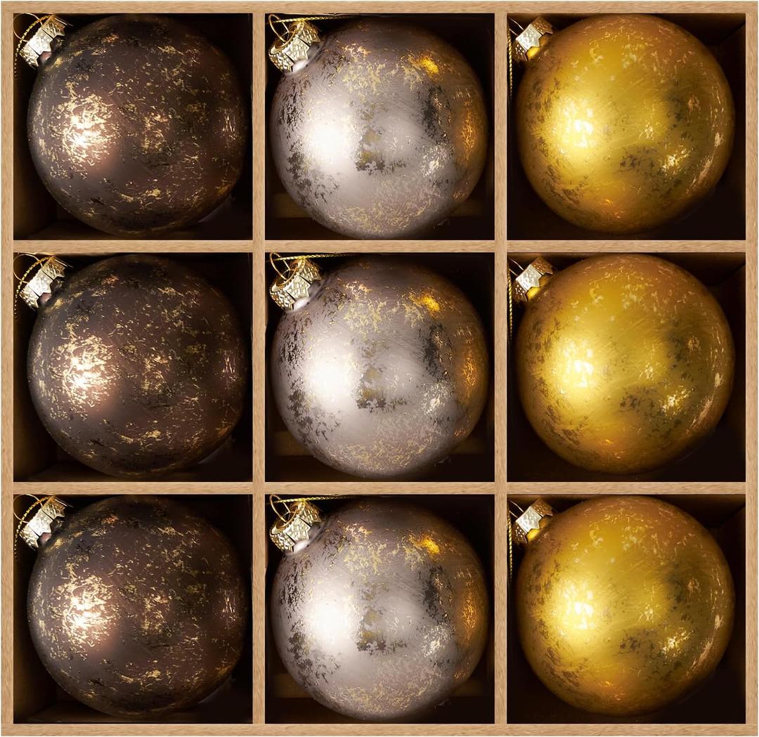 DN DECONATION Christmas Ball Ornaments Set of 9, Gold & Silver & Brown Glass Ball Ornaments 3.14, Decorative Hanging Ornaments for Christmas Tree, Holiday Decorations Indoor Winter Decor Gift (Matte 3 Color)