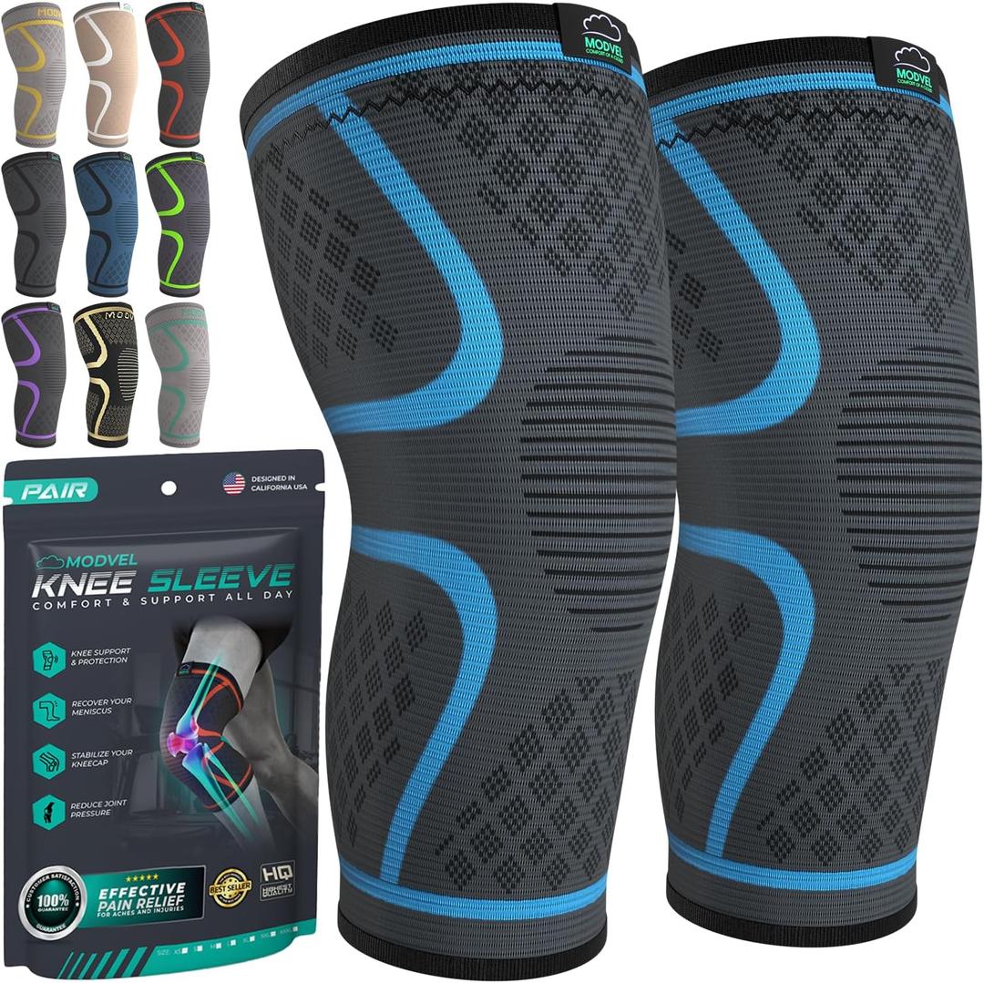 Modvel Compression Knee Brace for Women & Men, 2-Pack Knee Brace for Running Knee Pain, Knee Support Compression Sleeve, Workout Sports Knee Braces for Meniscus Tear, ACL & Arthritis Pain Relief (Medium, Blue)