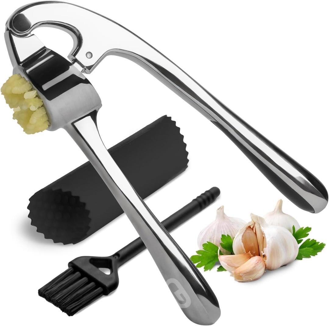 Garlic Press Crusher & Mincer Easy Squeeze Ergonomic Handle, Heavy Duty Zinc Alloy, Dishwasher Safe, Includes Peeler & Cleaning Brush Garlic Ginger Crusher Tool (Imperial Silver)