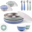 Elk and Friends Kids Stainless Steel Mealtime Bundle | Plates, Bowls, Snack Cups + Toddler Utensils | Silicone Suction Sleeves + Travel Storage Lids | For Meals + Snacks | Dishwasher Safe