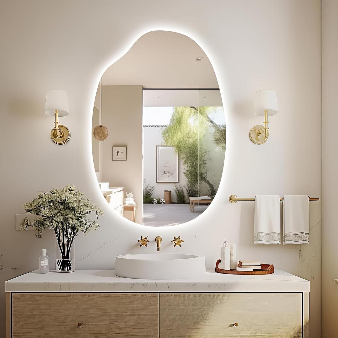 42"x28" Asymmetrical Led Mirror for Bathroom, Irregular Backlit Vanity Mirror with Lights, Frameless Smart Mirror, 3 Colors Stepless Dimmable, Anti-Fog, Memory, CRI95+, Horizontal/Vertical