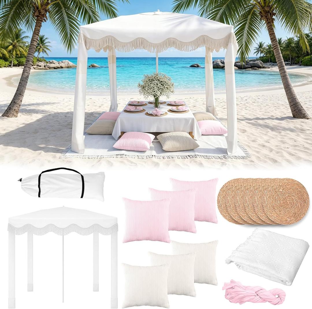 Hosuly 20 Pcs Boho Beach Cabana Picnic Set, Fringe Canopy, Pink
