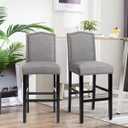 Bar Stools Set of 2, Bar Height Dining Side Barstools, w/Thick Cushion, Linen Surface, Nailhead Trim, Rubber Wood Legs, High Leisure Chairs for Living Room, Kitchen, Dining Room, Gray