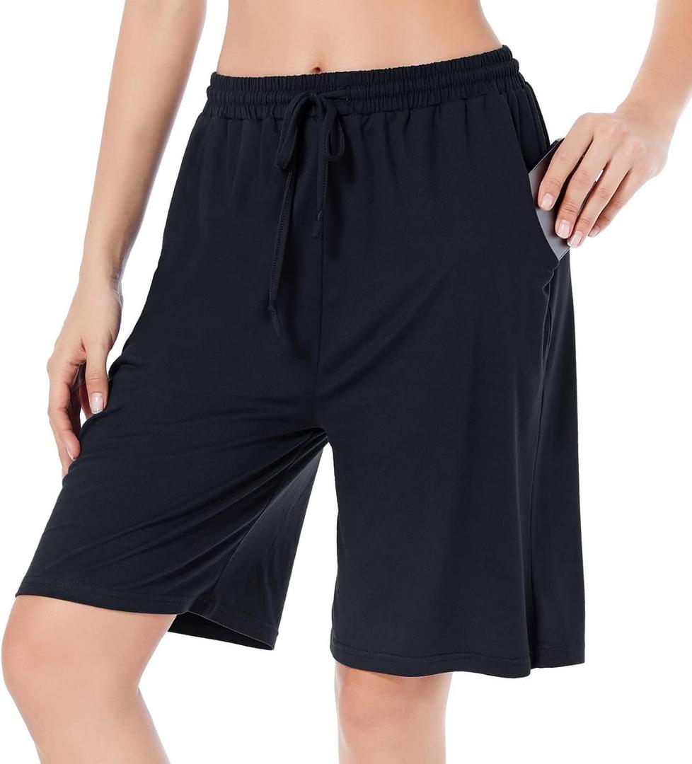 CULAYII Women's High Waisted Basketball Shorts Long Bermuda Gym Yoga Shorts with Pockets Athletic Knee Length Running Shorts (Black) S
