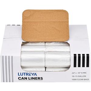 Clear Trash Can Liners, 10-15 Gallon, 24'' x 33'', Wholesale 1000 Count, High Density Garbage Bags for Bathroom, Office, Commercial and Industrial Use