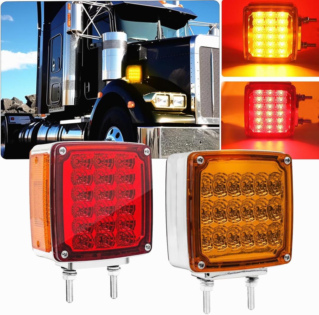 LED Pedestal Lights Double Face Turn Signal stud mount width Side Lamp for Heavy Truck Cargo Trailer (Driver/Passenger Sides, pack of 2) (Red Amber)