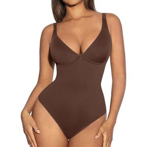FeelinGirl Shapewear Bodysuits for Women Tummy Control Body Suits Deep V Neck Thong Body Shaper (XX-Large, Chocolate)