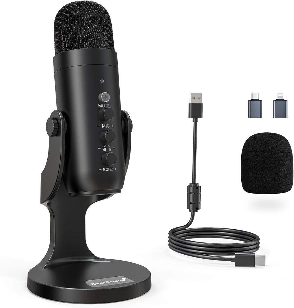 ZealSound Podcast Microphone for PC, Noise Cancellation USB Mic with Gain, Volume Adjustment & Mute Button, Monitoring & Echo, for YouTube, TikTok, Podcasting, Streaming, iPhone, iPad, Android, Mac, Black