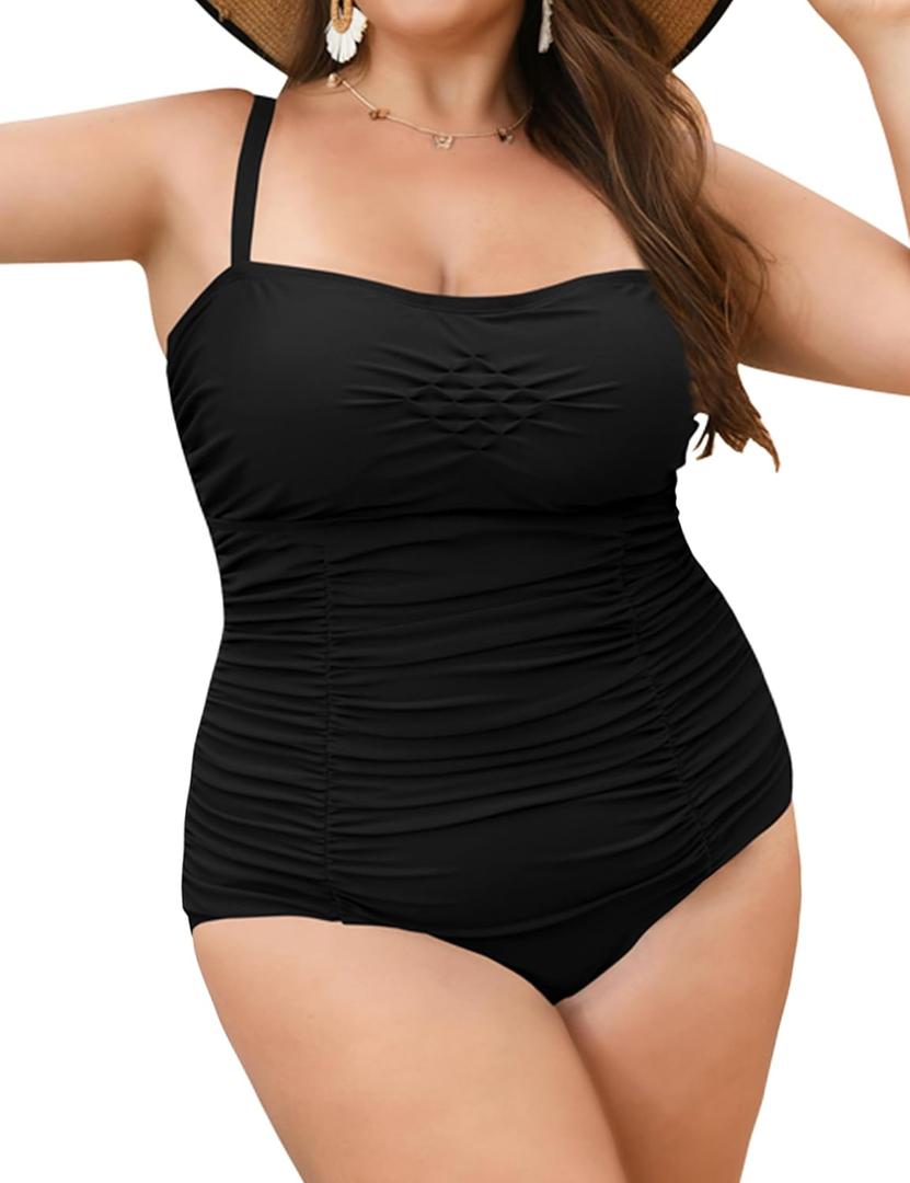 Plus Size Bathing Suit for Curvy Women Tummy Control Ruched 2XL One Piece Swim Suits Square Neck Swimsuits 2025 (XX-Large Plus, Black)