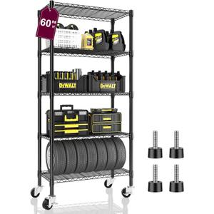 5 Tier Wire Shelving with Wheels Casters, 750 lbs Heavy Duty Storage Shelves Metal Shelving, Rolling Adjustable Shelving Unit Wire Rack for Kitchen, Garage, Pantry 14" D x 30" W x 60" H