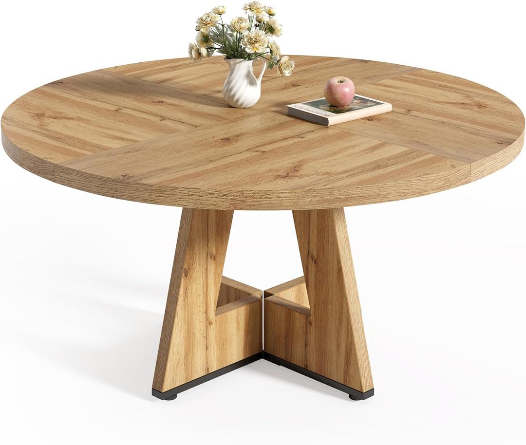 LITTLE TREE Round Dining Table for 4-6 People, 47 Inches with Wooden Pedestal Base, Modern Dinner Table for Dining Room, Kitchen, Living Room (Light Brown)