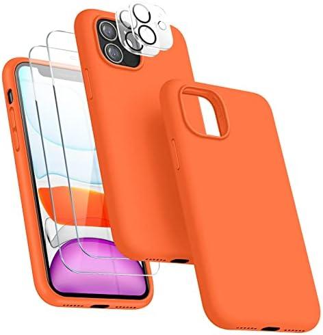 JTWIE [5 in 1 for iPhone 11 Case 6.1 inch, with 2 Pack Screen Protector + 2 Pack Camera Lens Protector, Liquid Silicone Slim Shockproof Protective Phone Case [Microfiber Lining (Orange)