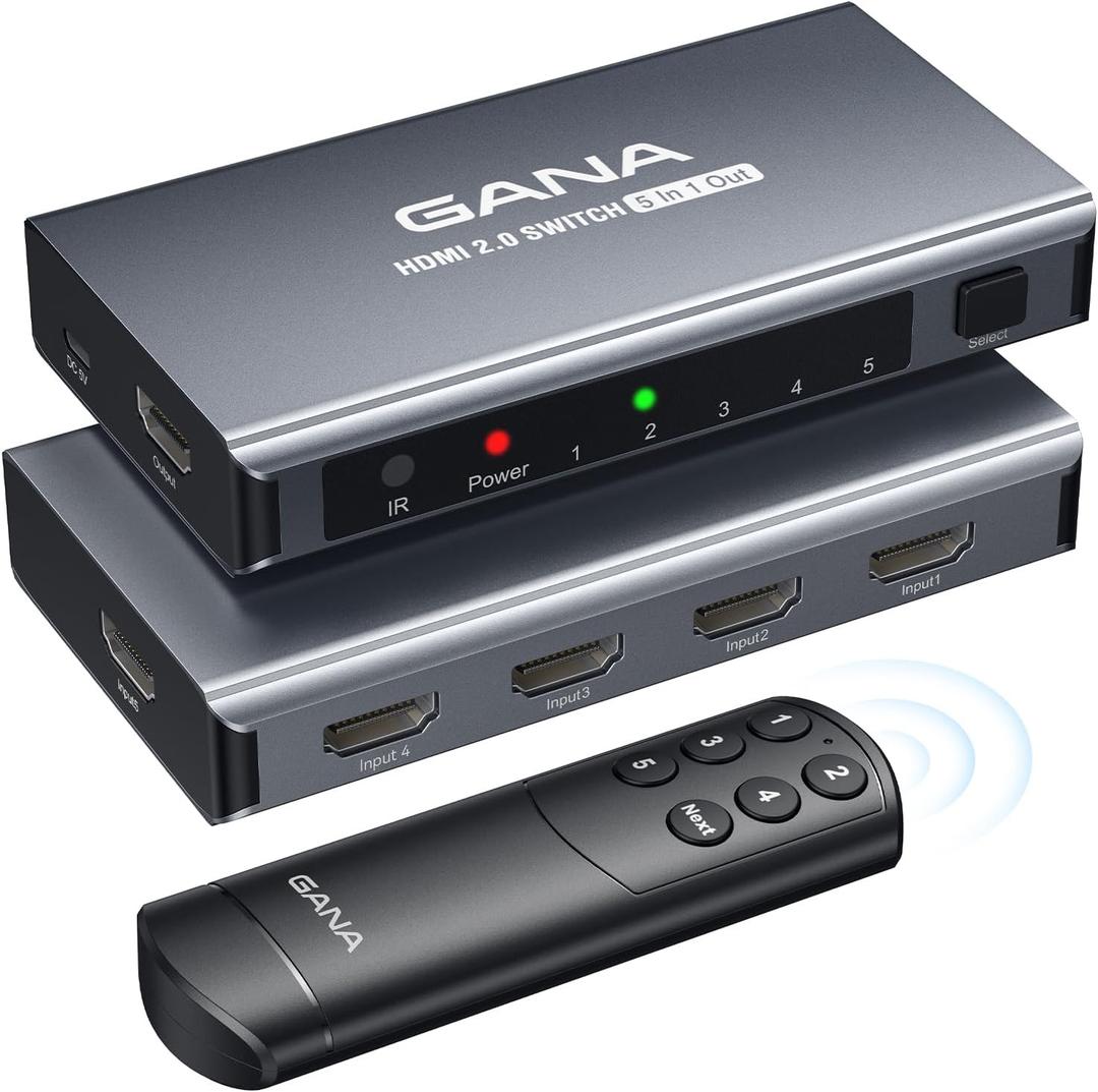 HDMI Switch 5 in 1 Out 4K@60Hz, GANA HDMI Splitter Switcher with Remote, Aluminum HDMI 2.0 Switch Box Hub for 3D, HDCP2.2, HDR, Compatible with Xbox, PS5/4/3,Fire Stick, Roku, Blu-Ray Player