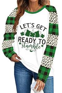 TMSD Women Saint Patrick's Day Sweatshirt Long Sleeve Irish Shamrock Crew Neck Shirt Leopard Plaid, Medium