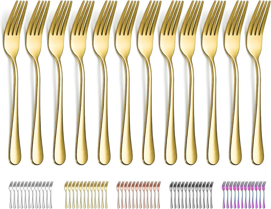 Evanda Gold Dinner Fork 12 Pieces, Gold Titanium Plating Stainless Steel 8.07inch Forks, Cake Forks, Table Forks,Dessert Forks, Easy To Clean, Dishwasher Safe